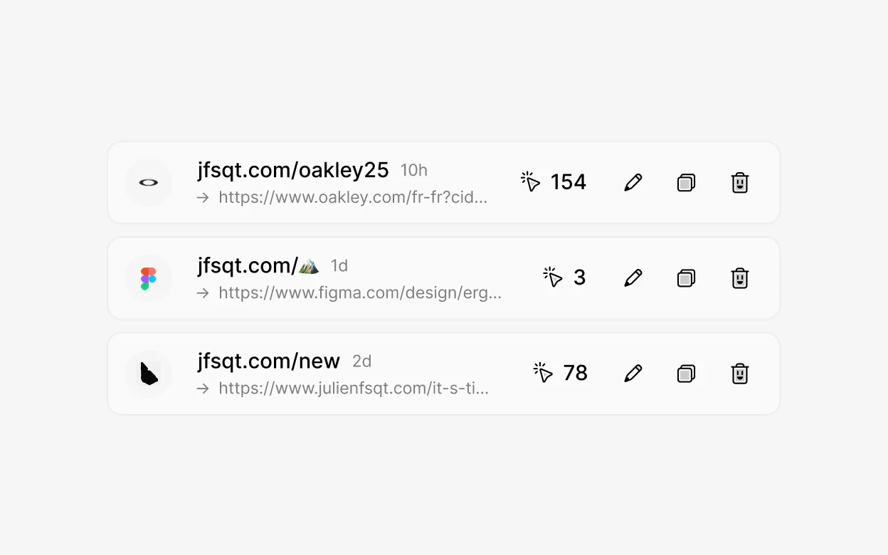 Julien's Smoo.link dashboard showing his custom short links on jfsqt.com
